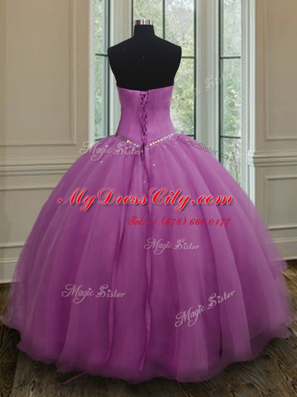 Enchanting Floor Length Lace Up Quinceanera Gown Fuchsia for Military Ball and Sweet 16 and Quinceanera with Beading and Belt