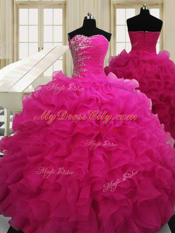 Hot Pink Sweetheart Neckline Beading Sweet 16 Dresses Sleeveless Zipper