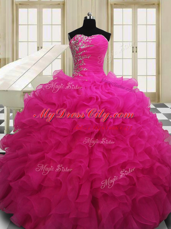 Hot Pink Sweetheart Neckline Beading Sweet 16 Dresses Sleeveless Zipper