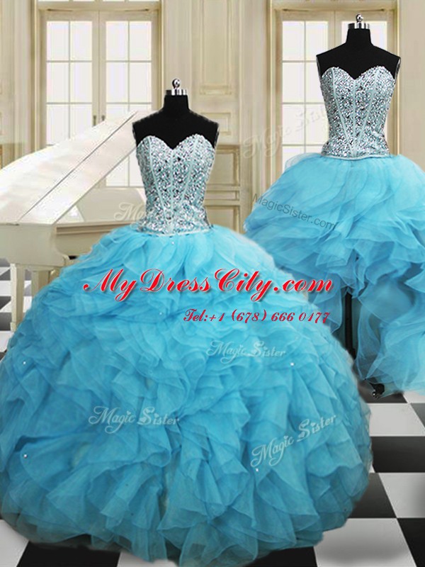 Three Piece Baby Blue Organza Lace Up Quinceanera Dresses Sleeveless Floor Length Beading and Ruffles