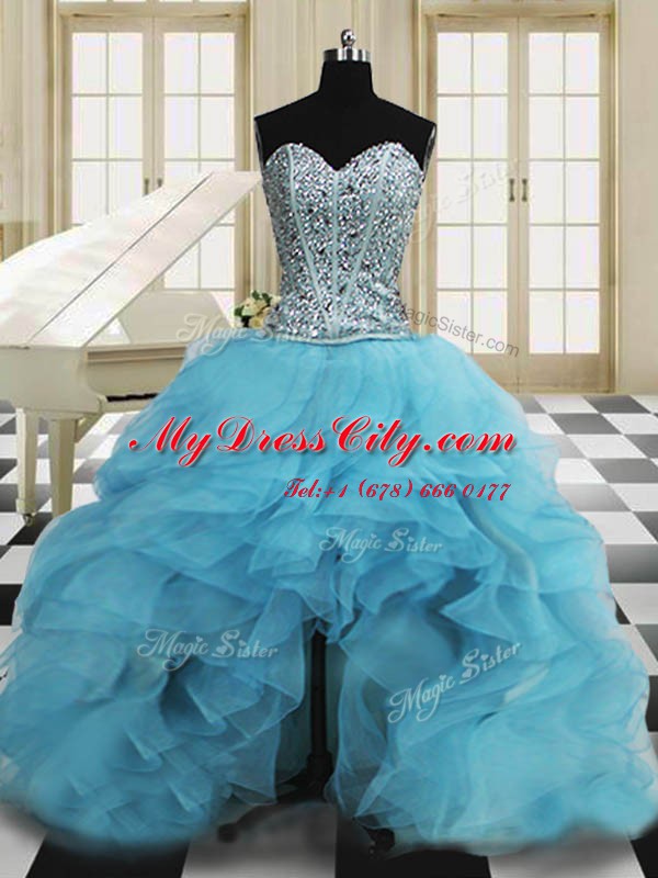 Three Piece Baby Blue Organza Lace Up Quinceanera Dresses Sleeveless Floor Length Beading and Ruffles