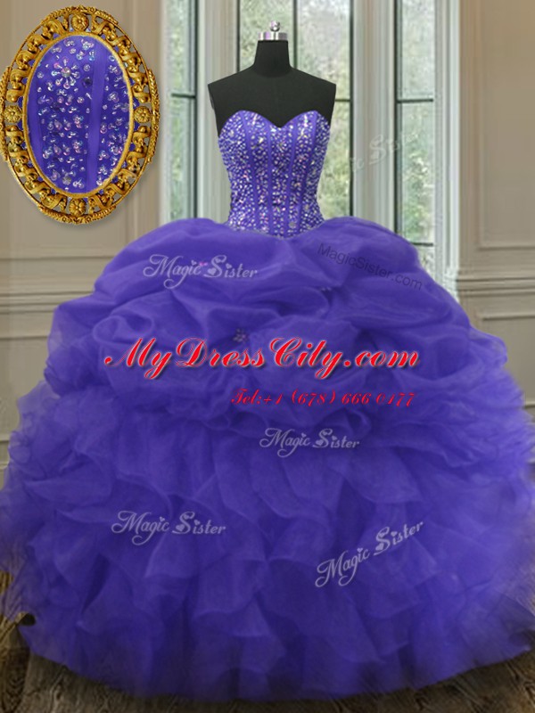 Shining Pick Ups Sweetheart Sleeveless Lace Up Quinceanera Dress Purple Organza