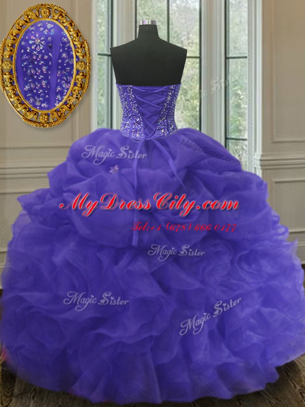 Shining Pick Ups Sweetheart Sleeveless Lace Up Quinceanera Dress Purple Organza