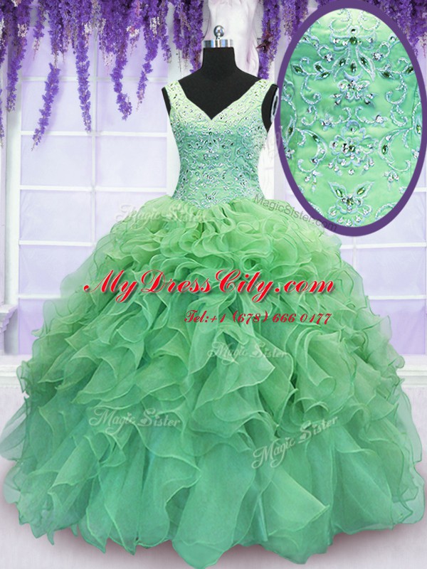 V-neck Lace Up Beading and Ruffles 15 Quinceanera Dress Sleeveless