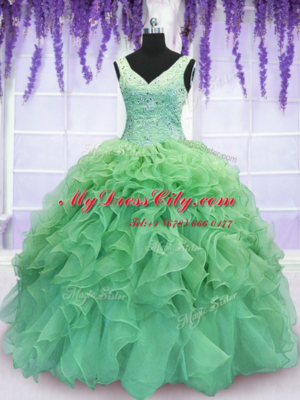 V-neck Lace Up Beading and Ruffles 15 Quinceanera Dress Sleeveless