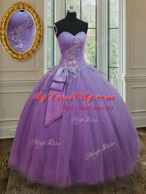 Luxury Lilac Ball Gowns Sweetheart Sleeveless Tulle Floor Length Lace Up Beading and Ruching and Bowknot 15th Birthday Dress