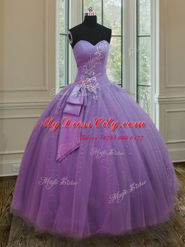 Luxury Lilac Ball Gowns Sweetheart Sleeveless Tulle Floor Length Lace Up Beading and Ruching and Bowknot 15th Birthday Dress