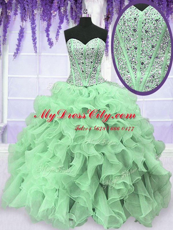 Customized Apple Green Sleeveless Beading and Ruffles Floor Length 15 Quinceanera Dress