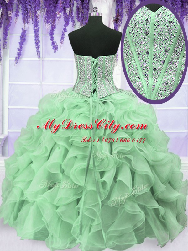 Customized Apple Green Sleeveless Beading and Ruffles Floor Length 15 Quinceanera Dress