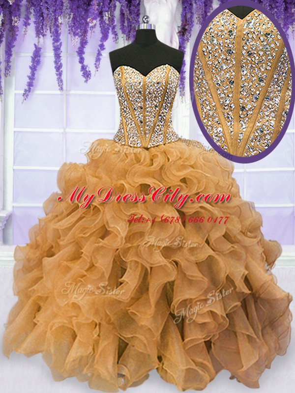 Decent Gold Sweetheart Lace Up Beading and Ruffles Sweet 16 Dress Sleeveless