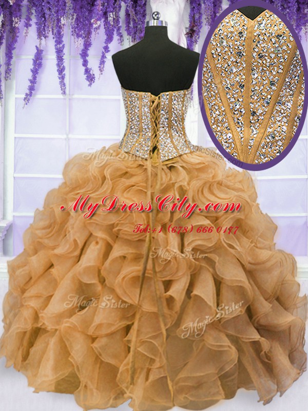 Decent Gold Sweetheart Lace Up Beading and Ruffles Sweet 16 Dress Sleeveless