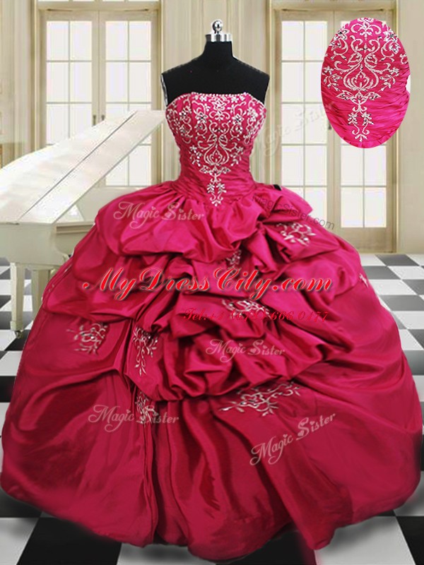 Pick Ups Ball Gowns Quinceanera Gowns Hot Pink Strapless Taffeta Sleeveless Floor Length Lace Up