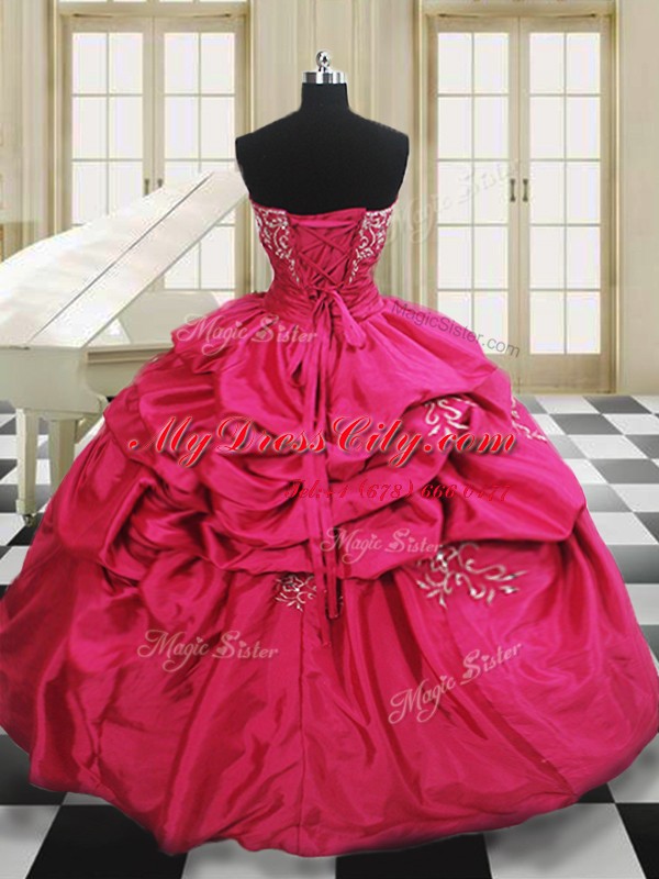 Pick Ups Ball Gowns Quinceanera Gowns Hot Pink Strapless Taffeta Sleeveless Floor Length Lace Up