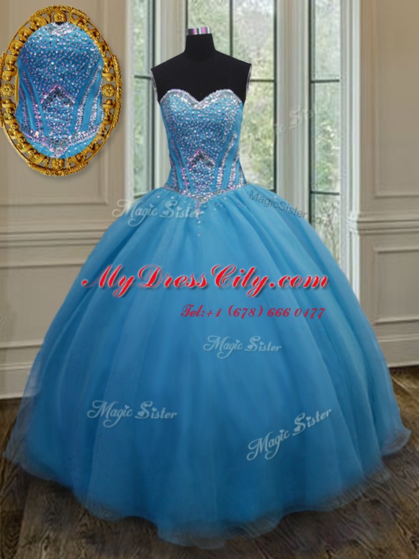 Luxurious Floor Length Baby Blue 15 Quinceanera Dress Sweetheart Sleeveless Lace Up