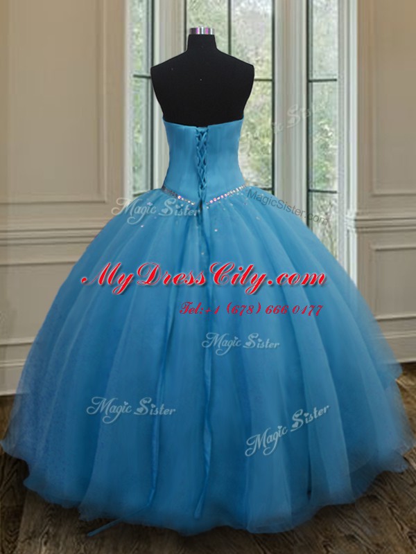 Luxurious Floor Length Baby Blue 15 Quinceanera Dress Sweetheart Sleeveless Lace Up