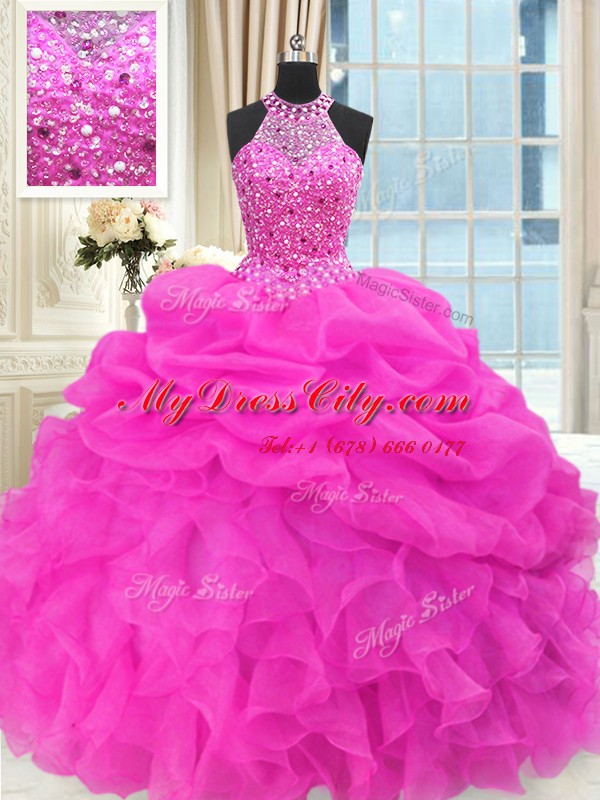 Clearance Hot Pink Lace Up Quinceanera Dress Beading and Pick Ups Sleeveless Floor Length