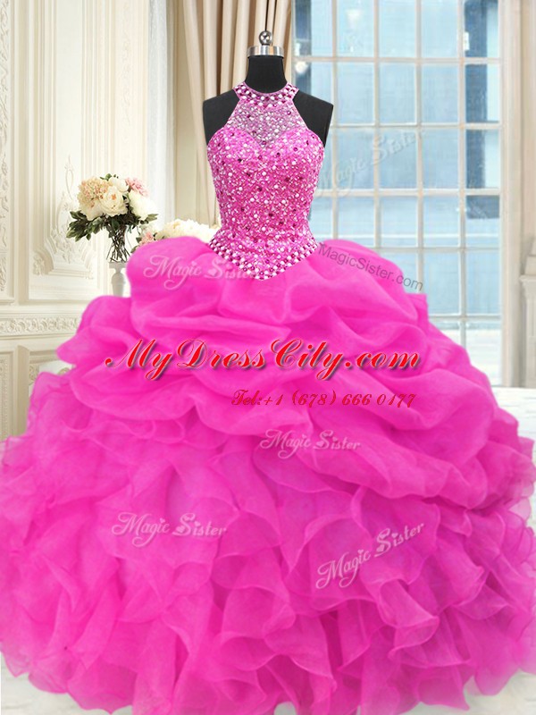 Clearance Hot Pink Lace Up Quinceanera Dress Beading and Pick Ups Sleeveless Floor Length