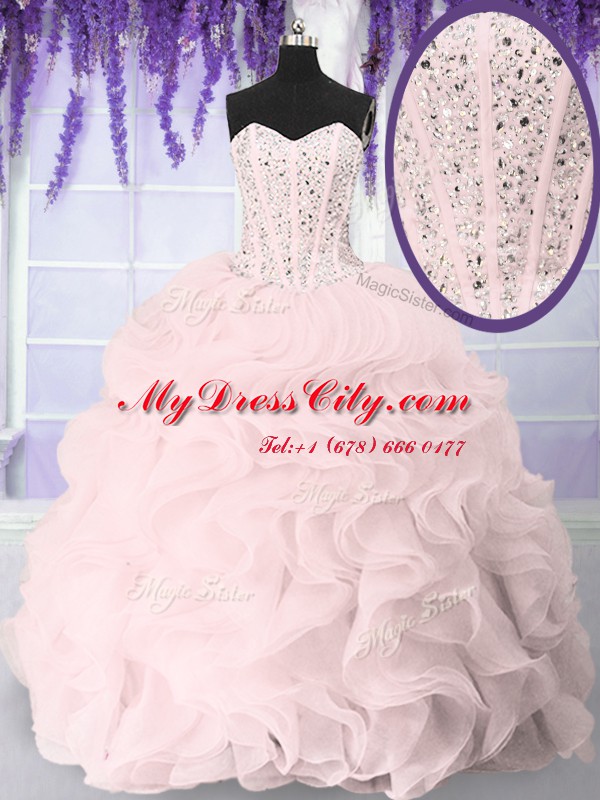 Stunning Pink Sleeveless Beading and Ruffles Floor Length 15th Birthday Dress