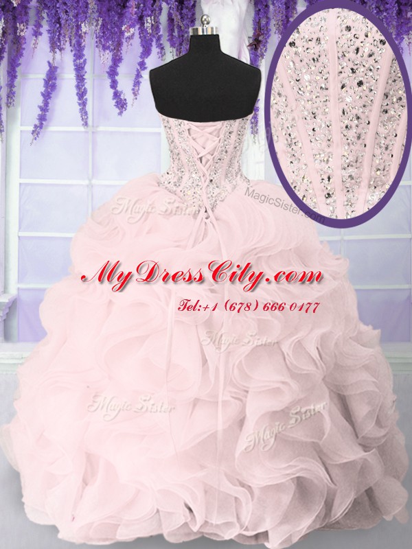 Stunning Pink Sleeveless Beading and Ruffles Floor Length 15th Birthday Dress