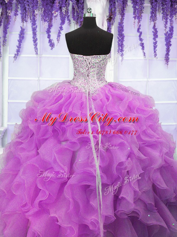 Fashionable Ruffles Quinceanera Gown Fuchsia Lace Up Sleeveless Floor Length