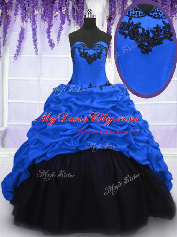 Custom Designed Sweetheart Sleeveless Taffeta Quinceanera Gown Appliques and Pick Ups Sweep Train Lace Up