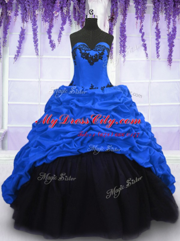 Custom Designed Sweetheart Sleeveless Taffeta Quinceanera Gown Appliques and Pick Ups Sweep Train Lace Up