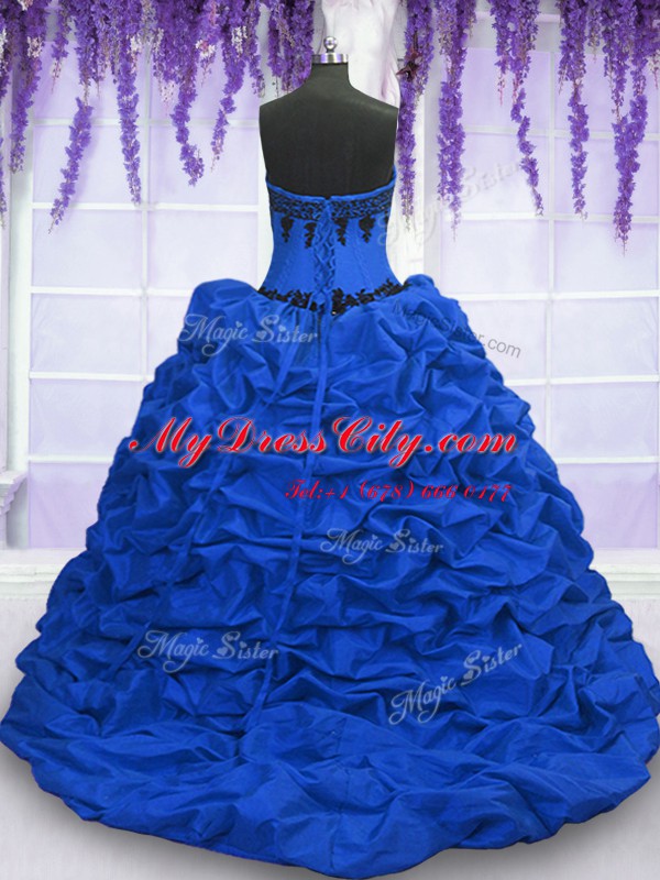 Custom Designed Sweetheart Sleeveless Taffeta Quinceanera Gown Appliques and Pick Ups Sweep Train Lace Up