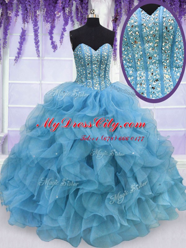 Low Price Aqua Blue Sleeveless Floor Length Beading and Ruffles Lace Up 15 Quinceanera Dress