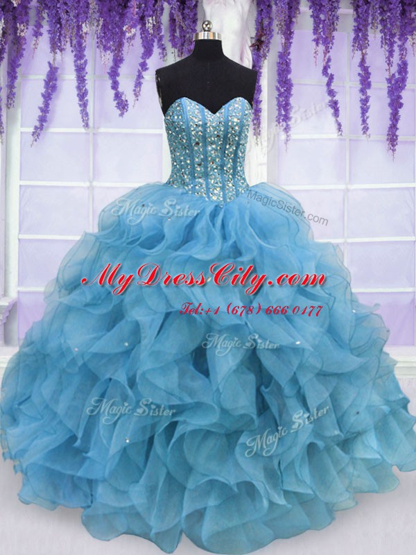 Low Price Aqua Blue Sleeveless Floor Length Beading and Ruffles Lace Up 15 Quinceanera Dress