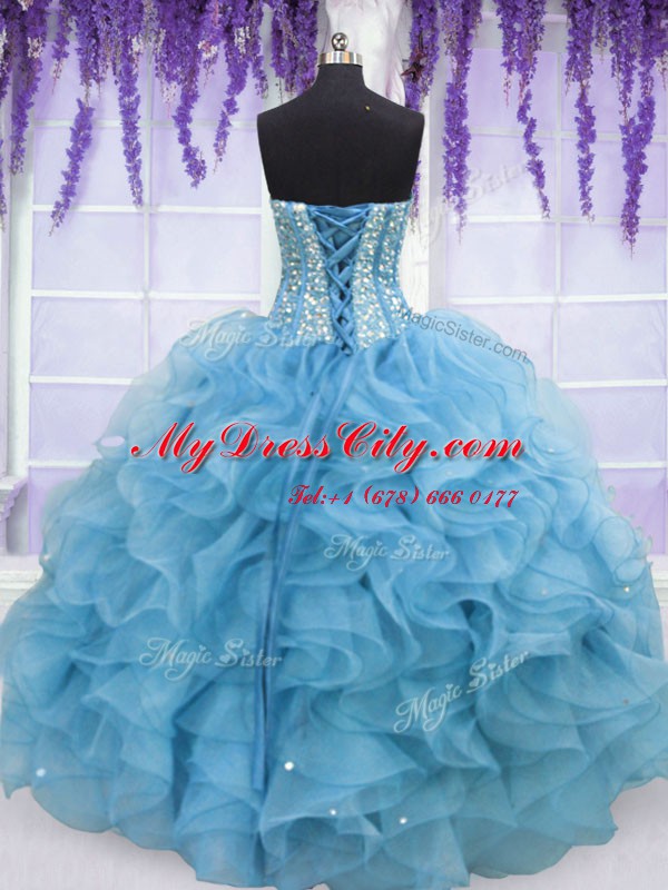 Low Price Aqua Blue Sleeveless Floor Length Beading and Ruffles Lace Up 15 Quinceanera Dress