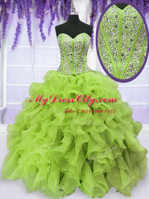 Charming Yellow Green Sleeveless Organza Lace Up Sweet 16 Dresses for Military Ball and Sweet 16 and Quinceanera