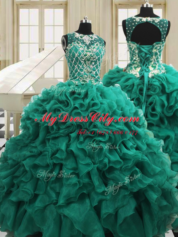 Flare Floor Length Teal Vestidos de Quinceanera Scoop Sleeveless Lace Up