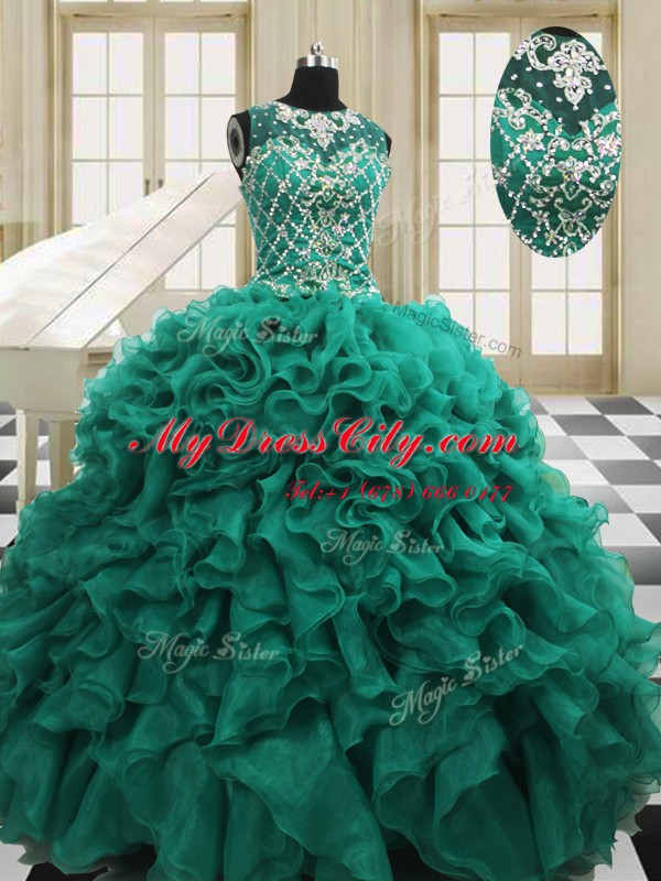 Flare Floor Length Teal Vestidos de Quinceanera Scoop Sleeveless Lace Up