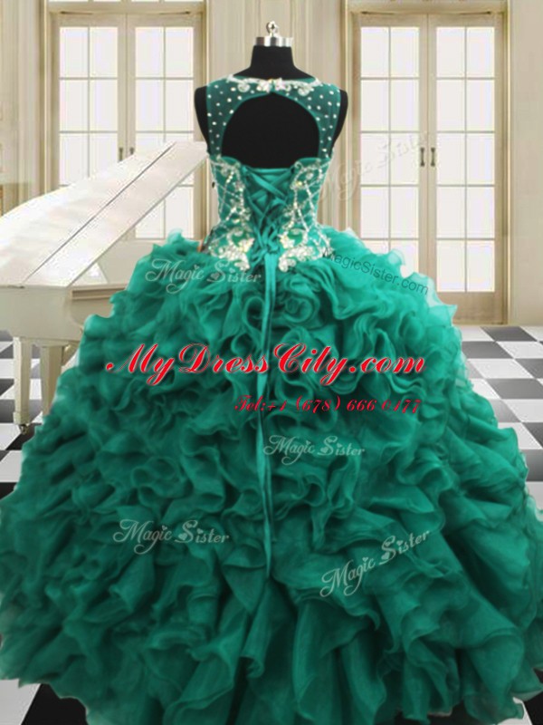 Flare Floor Length Teal Vestidos de Quinceanera Scoop Sleeveless Lace Up