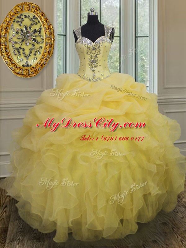 Light Yellow Ball Gowns Organza Straps Sleeveless Beading and Ruffles Floor Length Zipper Quinceanera Dresses