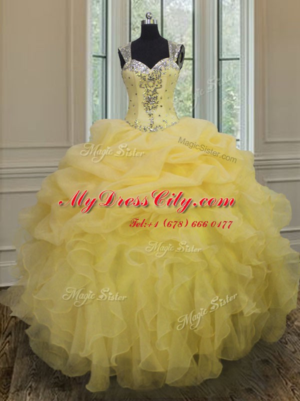 Light Yellow Ball Gowns Organza Straps Sleeveless Beading and Ruffles Floor Length Zipper Quinceanera Dresses