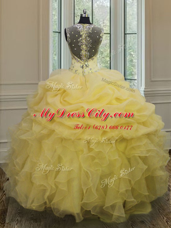 Light Yellow Ball Gowns Organza Straps Sleeveless Beading and Ruffles Floor Length Zipper Quinceanera Dresses