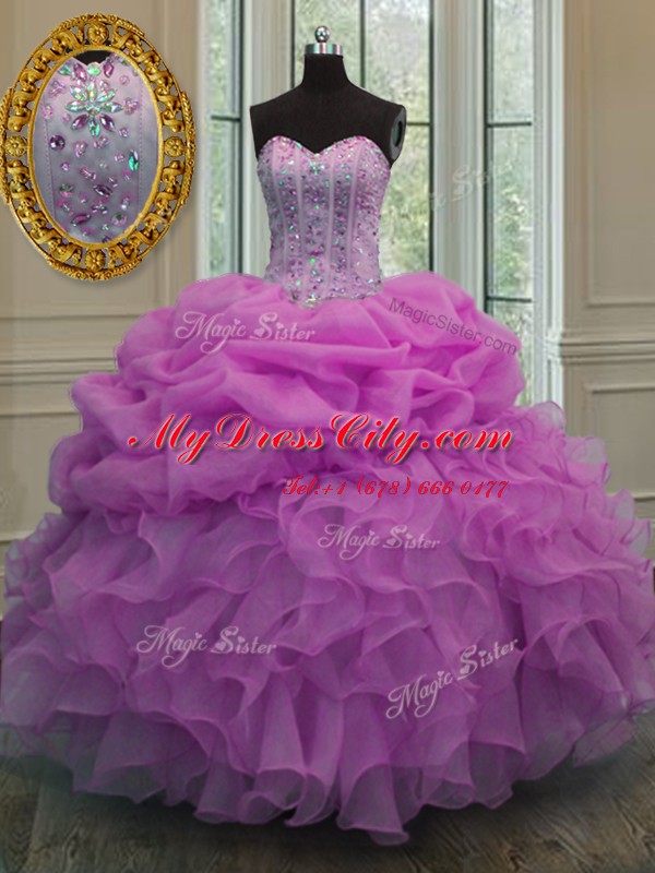 Lilac Sleeveless Beading and Ruffles and Pick Ups Floor Length Quinceanera Dress