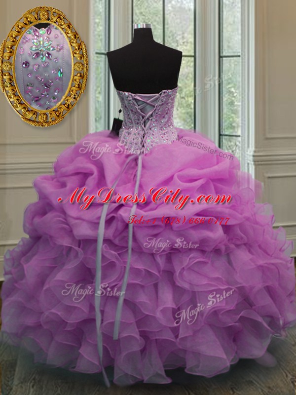 Lilac Sleeveless Beading and Ruffles and Pick Ups Floor Length Quinceanera Dress