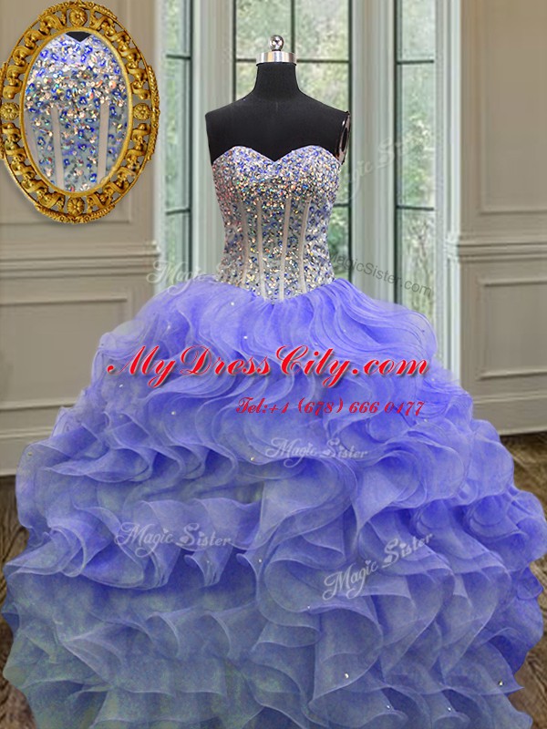 Lavender Lace Up Quinceanera Gown Beading and Ruffles Sleeveless Floor Length