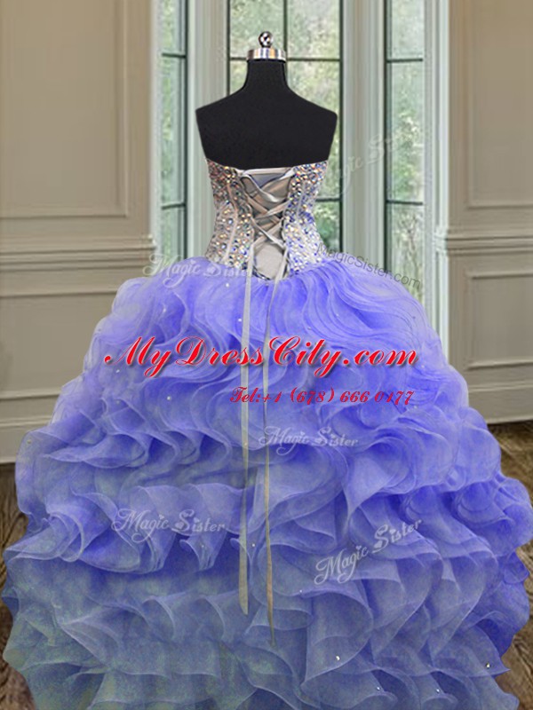 Lavender Lace Up Quinceanera Gown Beading and Ruffles Sleeveless Floor Length