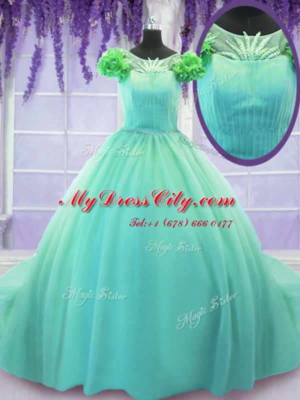 Comfortable Turquoise Scoop Neckline Hand Made Flower Quinceanera Gowns Short Sleeves Lace Up