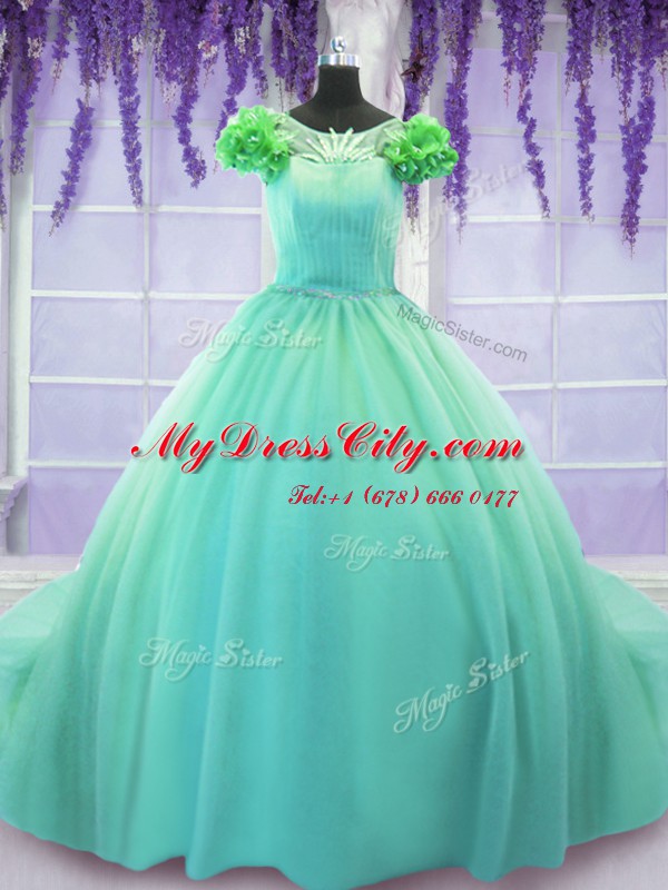 Comfortable Turquoise Scoop Neckline Hand Made Flower Quinceanera Gowns Short Sleeves Lace Up