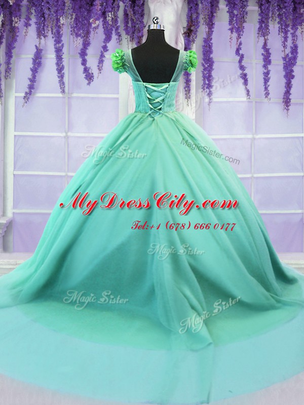 Comfortable Turquoise Scoop Neckline Hand Made Flower Quinceanera Gowns Short Sleeves Lace Up