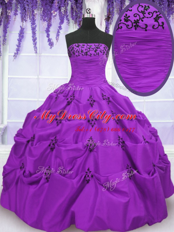 Latest Taffeta Strapless Sleeveless Lace Up Embroidery and Pick Ups Sweet 16 Dress in Eggplant Purple