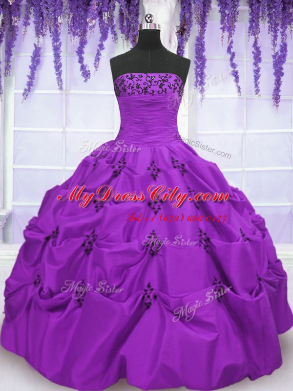 Latest Taffeta Strapless Sleeveless Lace Up Embroidery and Pick Ups Sweet 16 Dress in Eggplant Purple