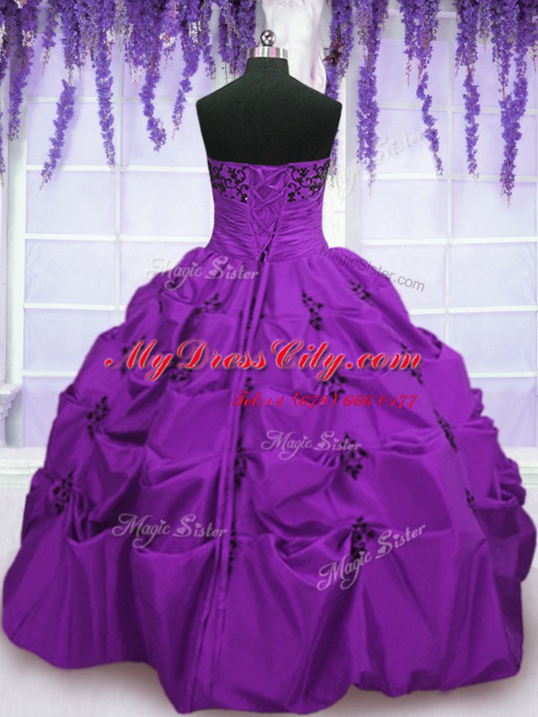 Latest Taffeta Strapless Sleeveless Lace Up Embroidery and Pick Ups Sweet 16 Dress in Eggplant Purple