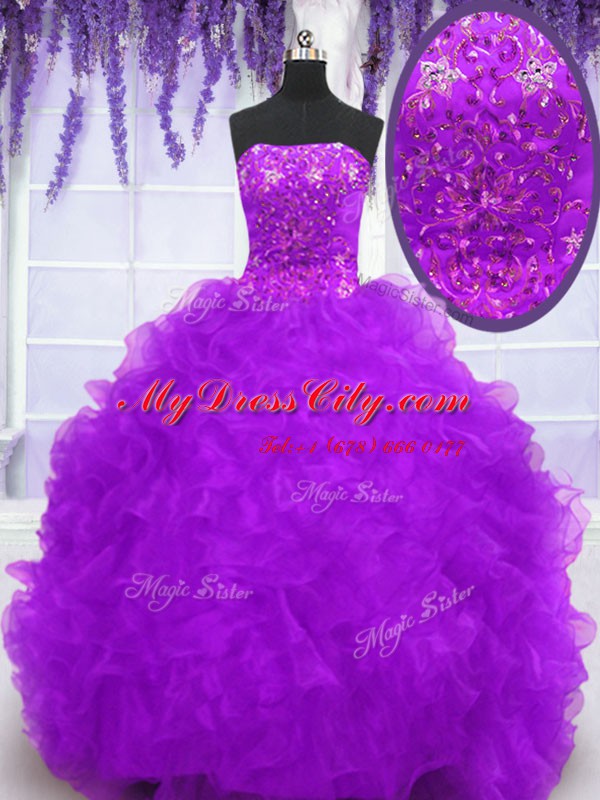 Clearance With Train Lace Up Ball Gown Prom Dress Eggplant Purple for Military Ball and Sweet 16 and Quinceanera with Beading and Appliques and Ruffles Brush Train