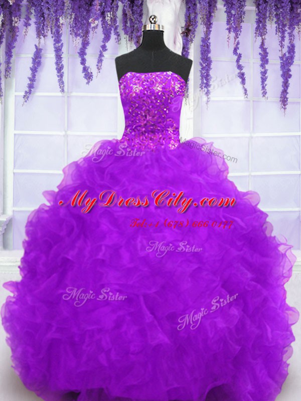 Clearance With Train Lace Up Ball Gown Prom Dress Eggplant Purple for Military Ball and Sweet 16 and Quinceanera with Beading and Appliques and Ruffles Brush Train