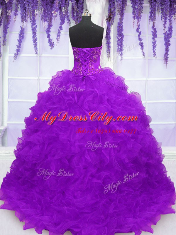 Clearance With Train Lace Up Ball Gown Prom Dress Eggplant Purple for Military Ball and Sweet 16 and Quinceanera with Beading and Appliques and Ruffles Brush Train